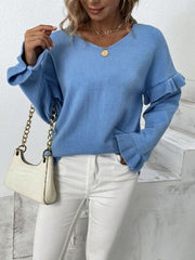 Ruffled V-Neck Dropped Shoulder Sweater - Flyclothing LLC