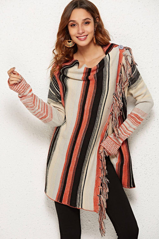 Striped Tassel Detail One-Button Cardigan - Flyclothing LLC