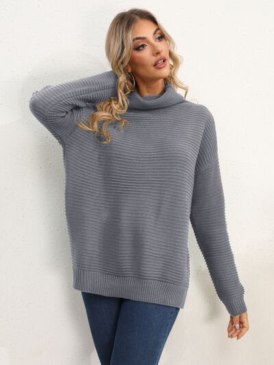 Slit Turtleneck Dropped Shoulder Sweater - Flyclothing LLC