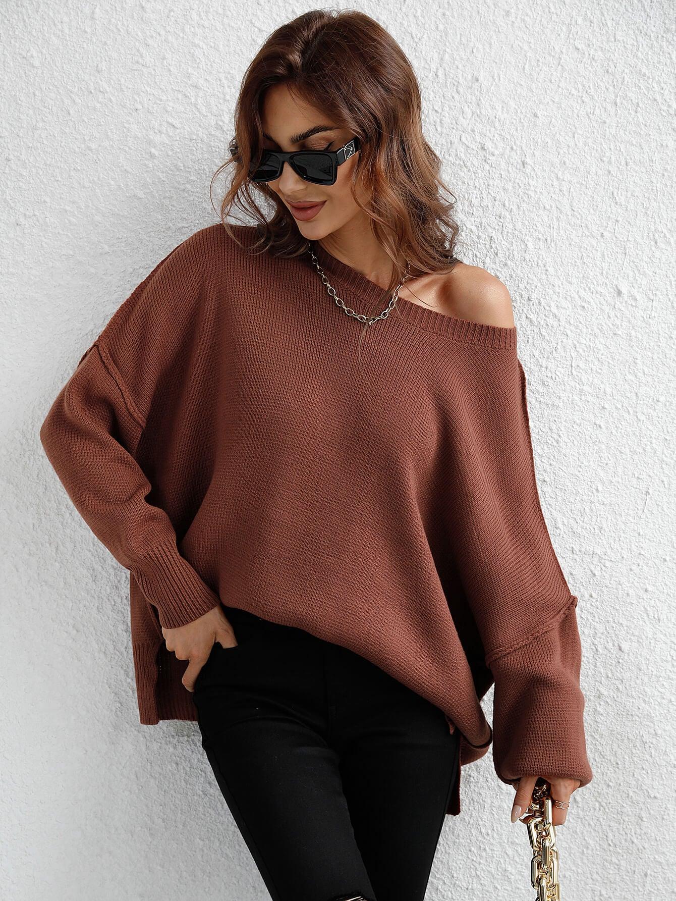 Exposed Seam Dropped Shoulder Slit Sweater - Trendsi