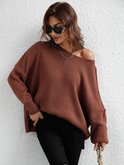 Exposed Seam Dropped Shoulder Slit Sweater - Trendsi