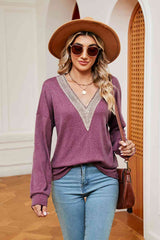 Contrast V-Neck Long Sleeve Blouse - Trendsi