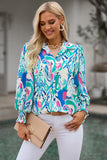 Printed Puff Sleeve Collared Blouse - Flyclothing LLC