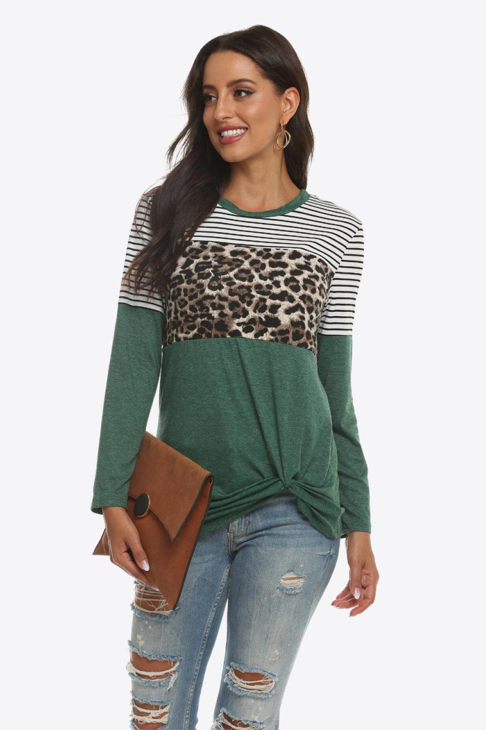 Mixed Print Gathered Detail Long Sleeve Top - Flyclothing LLC