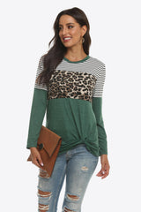 Mixed Print Gathered Detail Long Sleeve Top - Flyclothing LLC