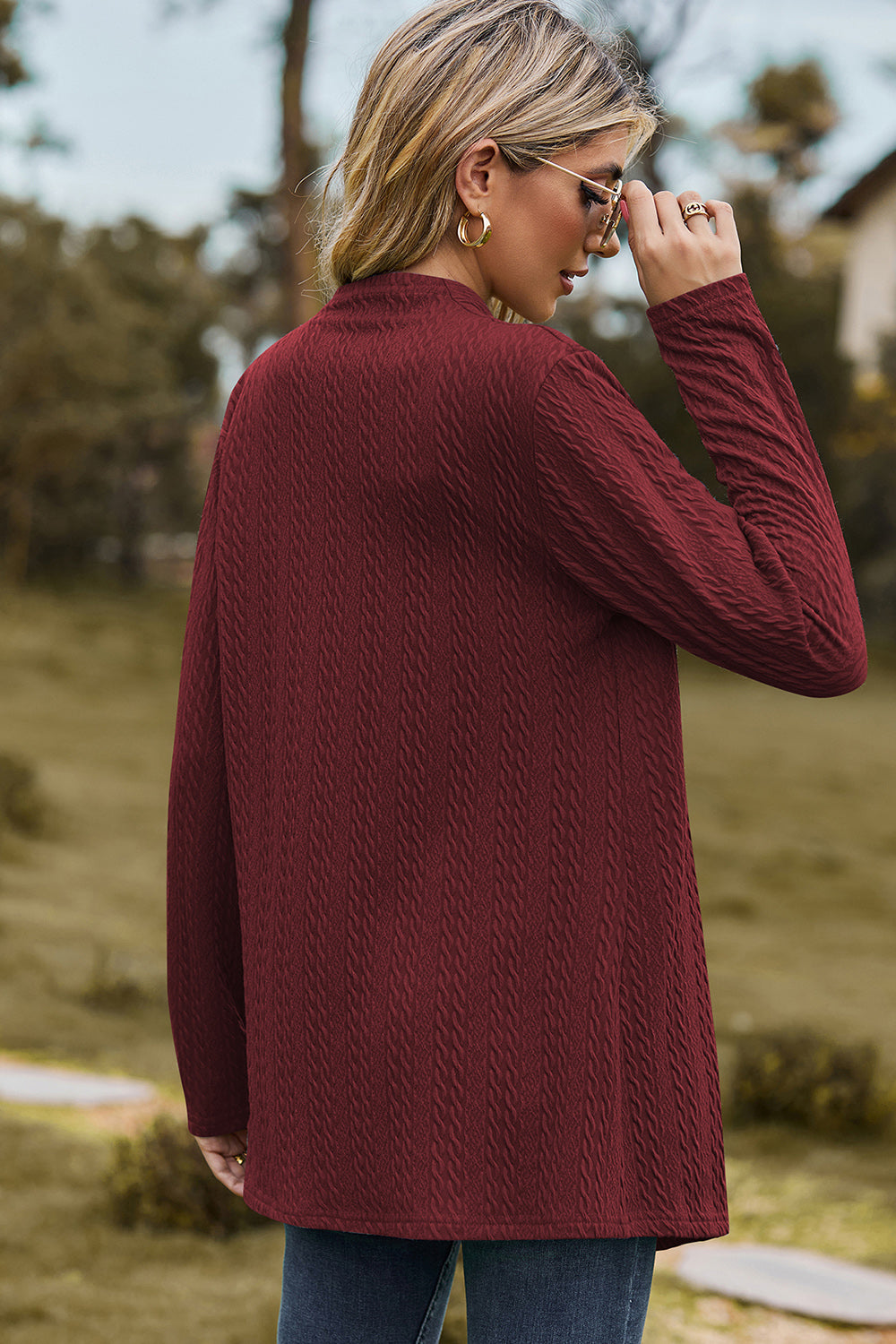 Textured Open Front Long Sleeve Cardigan - Flyclothing LLC