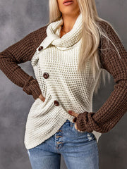 Contrast Decorative Button Turtleneck Sweater - Flyclothing LLC