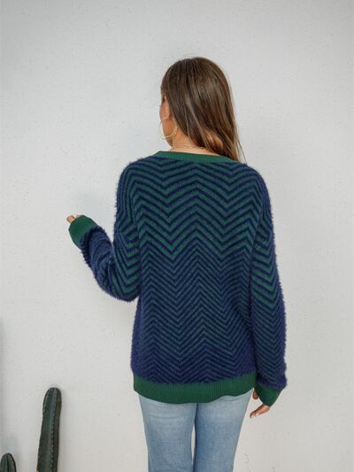 Striped Round Neck Dropped Shoulder Sweater - Flyclothing LLC