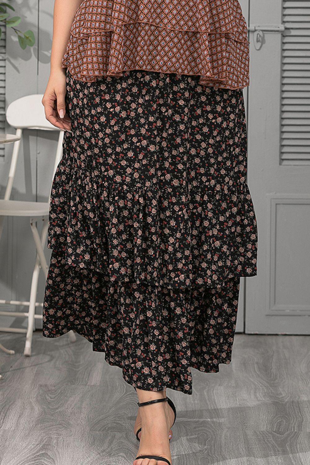 Plus Size Ditsy Floral Layered Maxi Skirt - Flyclothing LLC