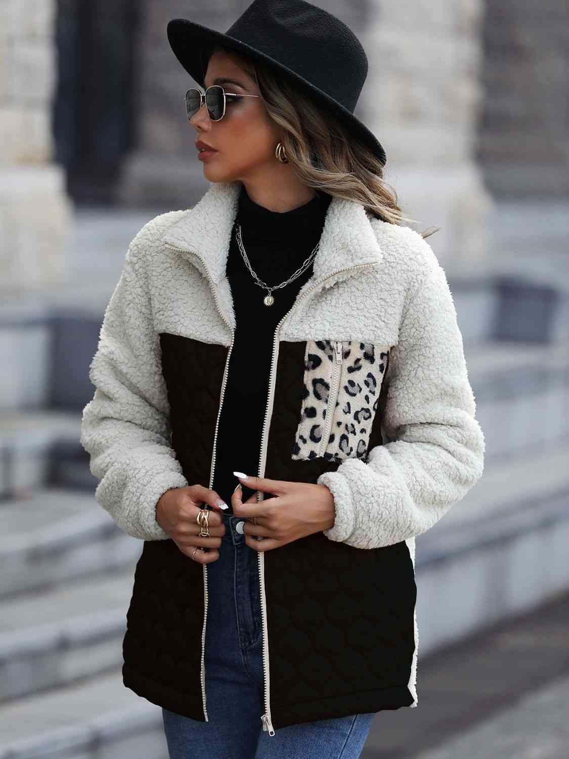 Leopard Color Block Zip-Up Jacket - Flyclothing LLC