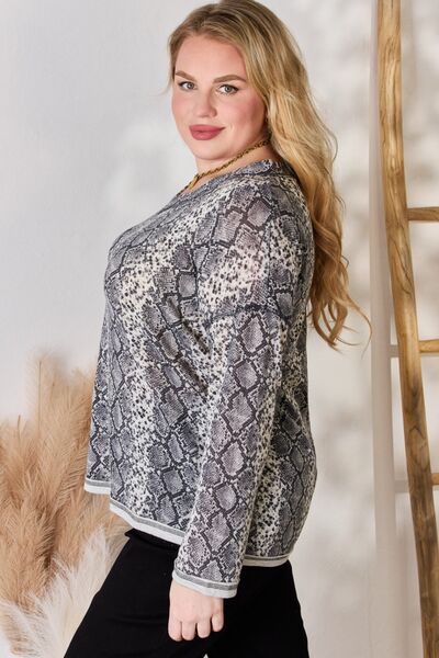 Hailey & Co Full Size Snakeskin V-Neck Long Sleeve Top - Flyclothing LLC