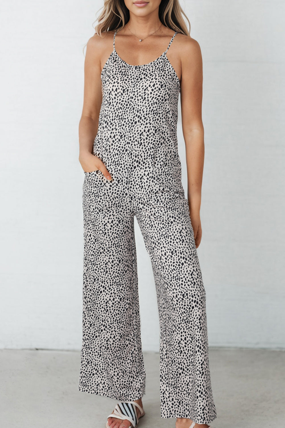 Printed Spaghetti Strap Jumpsuit with Pockets - Flyclothing LLC