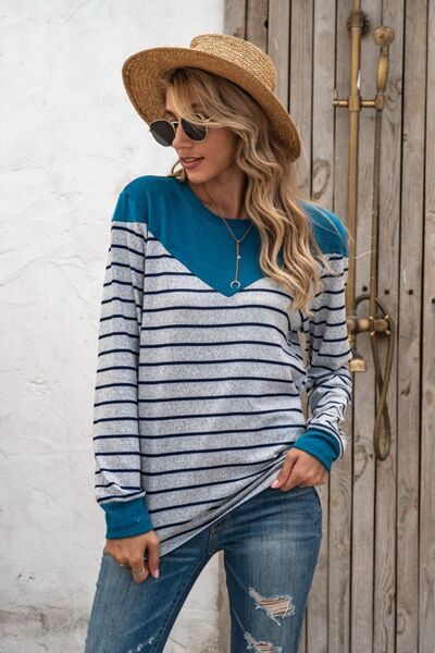 Striped Round Neck Long Sleeve T-Shirt - Flyclothing LLC