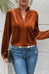 Notched Frill Detail Long Sleeve Blouse - Flyclothing LLC