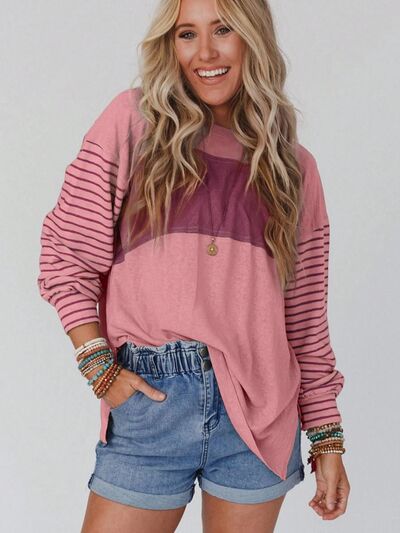 Round Neck Striped Long Sleeve Slit T-Shirt - Flyclothing LLC