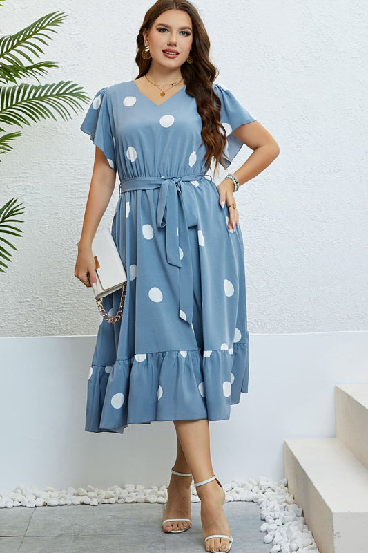 Polka Dot Belted Flutter Sleeve Ruffle Hem Dress - Flyclothing LLC