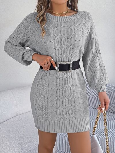 Cable-Knit Round Neck Sweater Dress - Flyclothing LLC