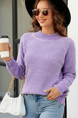 Waffle-Knit Round Neck Reglan Sleeve Sweater - Flyclothing LLC