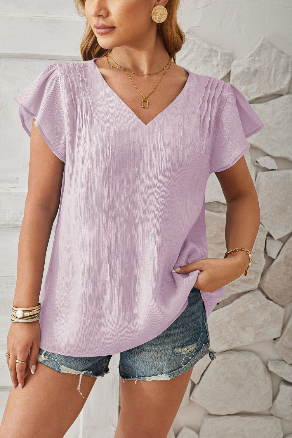 V-Neck Flutter Sleeve T-Shirt - Flyclothing LLC