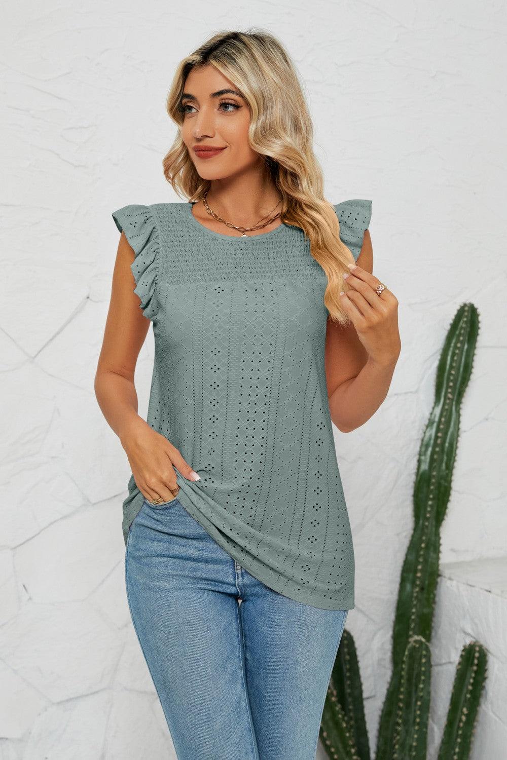 Smocked Round Neck Eyelet Top - Flyclothing LLC