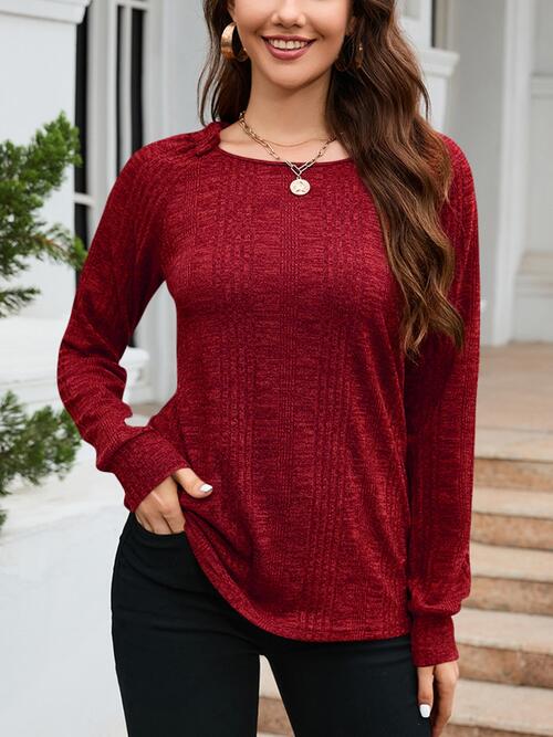 Texture Round Neck Long Sleeve Knit Top - Flyclothing LLC