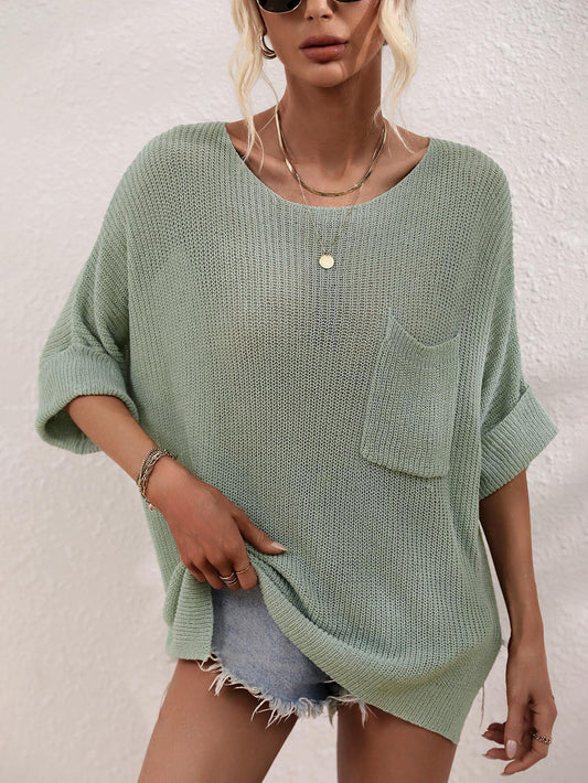 Boat Neck Cuffed Sleeve Slit Tunic Knit Top - Trendsi