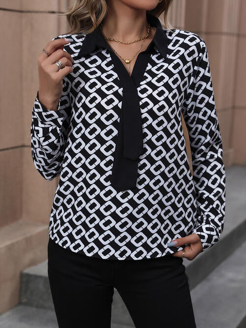 Printed Collared Neck Long Sleeve Shirt - Flyclothing LLC