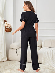 Contrast Piping Belted Top and Pants Pajama Set - Flyclothing LLC