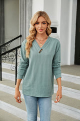 Decorative Button V-Neck Long Sleeve T-Shirt - Flyclothing LLC