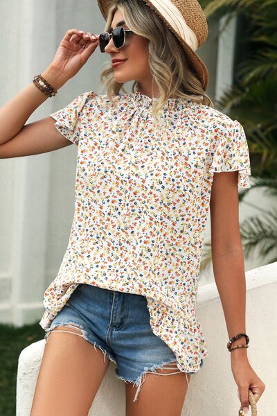 Ditsy Floral Mock Neck Short Sleeve T-Shirt - Flyclothing LLC