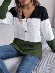 Cable-Knit Striped Button Up Cardigan - Flyclothing LLC