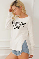 CHAMPAGNE PLEASE Long Sleeve Slit Sweater - Trendsi