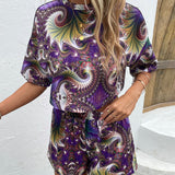 Printed Round Neck Dropped Shoulder Half Sleeve Top and Shorts Set - Flyclothing LLC