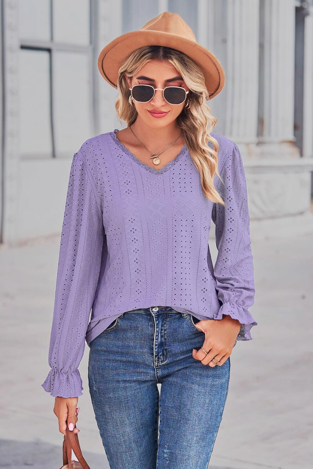 Lace Trim V-Neck Flounce Sleeve Top - Trendsi