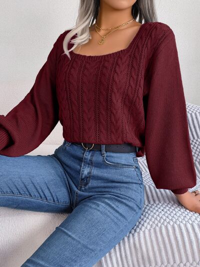 Cable-Knit Square Neck Long Sleeve Sweater - Flyclothing LLC