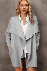 Waterfall Collar Longline Cardigan with Side Pockets - Flyclothing LLC