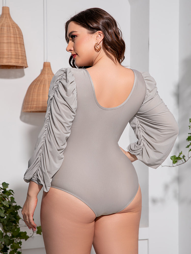 Plus Size Tied Deep V Balloon Sleeve One-Piece Swimsuit - Flyclothing LLC