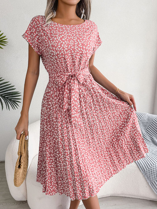 Ditsy Floral Pleated Belted Dress - Flyclothing LLC