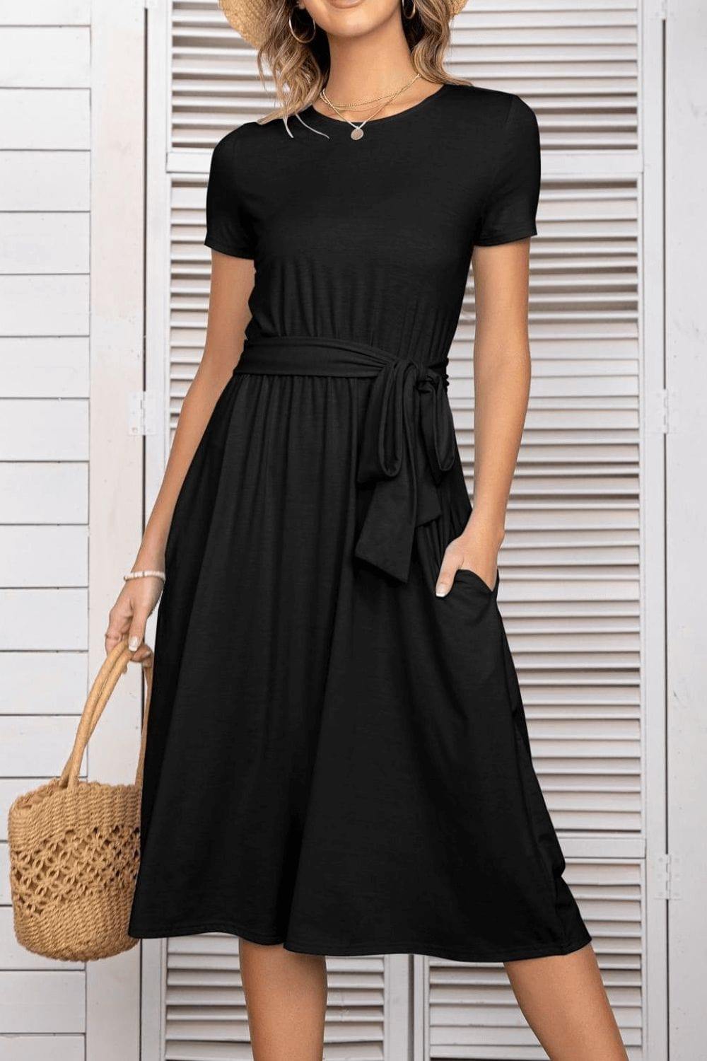 Belted Tee Dress With Pockets - Trendsi