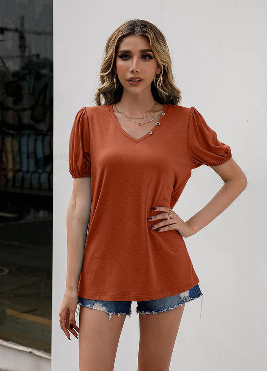 V-Neck Decorative Buttons Puff Sleeve Tee - Flyclothing LLC