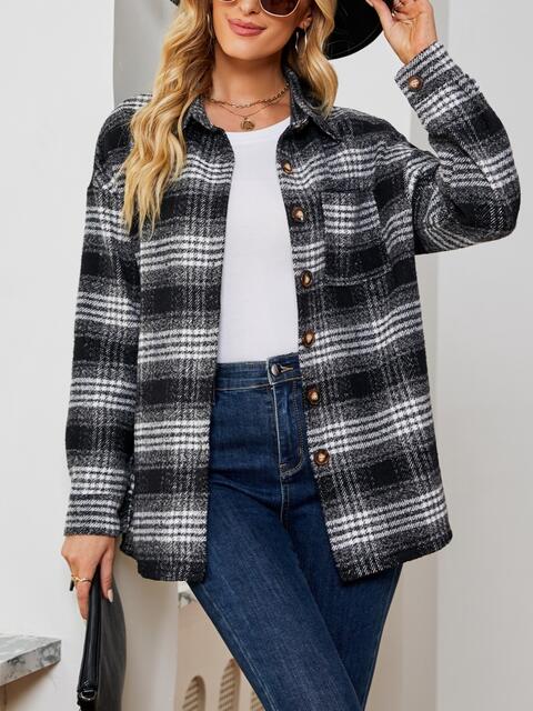 Plaid Collared Shirt Jacket - Flyclothing LLC