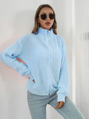 Turtleneck Zip Up Long Sleeve Knit Top - Flyclothing LLC