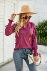 Heathered Flounce Sleeve Curved Hem Top - Trendsi