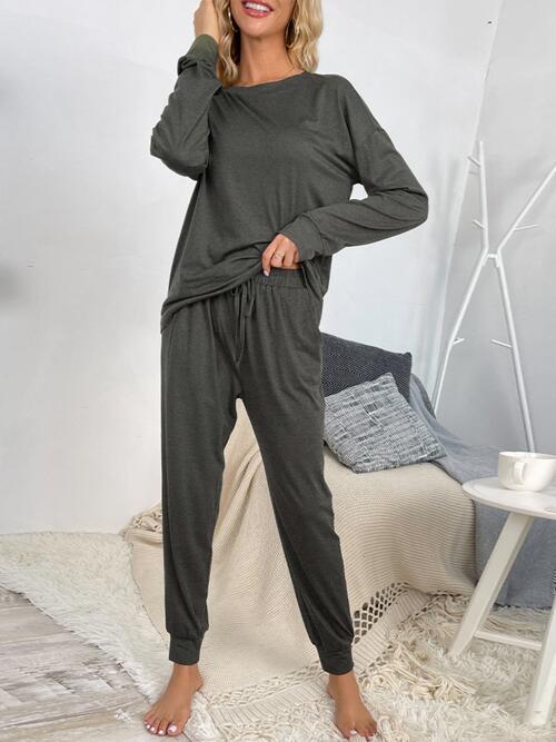 Round Neck Top and Drawstring Pants Lounge Set - Flyclothing LLC