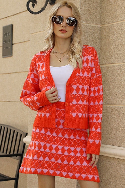 Geometric Dropped Shoulder Cardigan and Knit Skirt Set - Flyclothing LLC