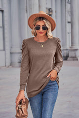 Heathered Puff Sleeve Round Neck Tunic Top - Trendsi