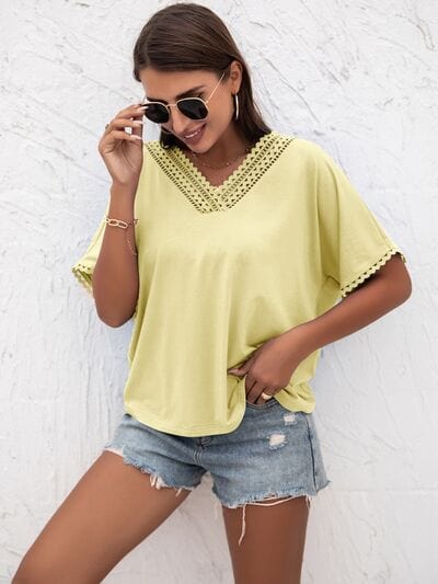 Lace Detail V-Neck T-Shirt - Trendsi