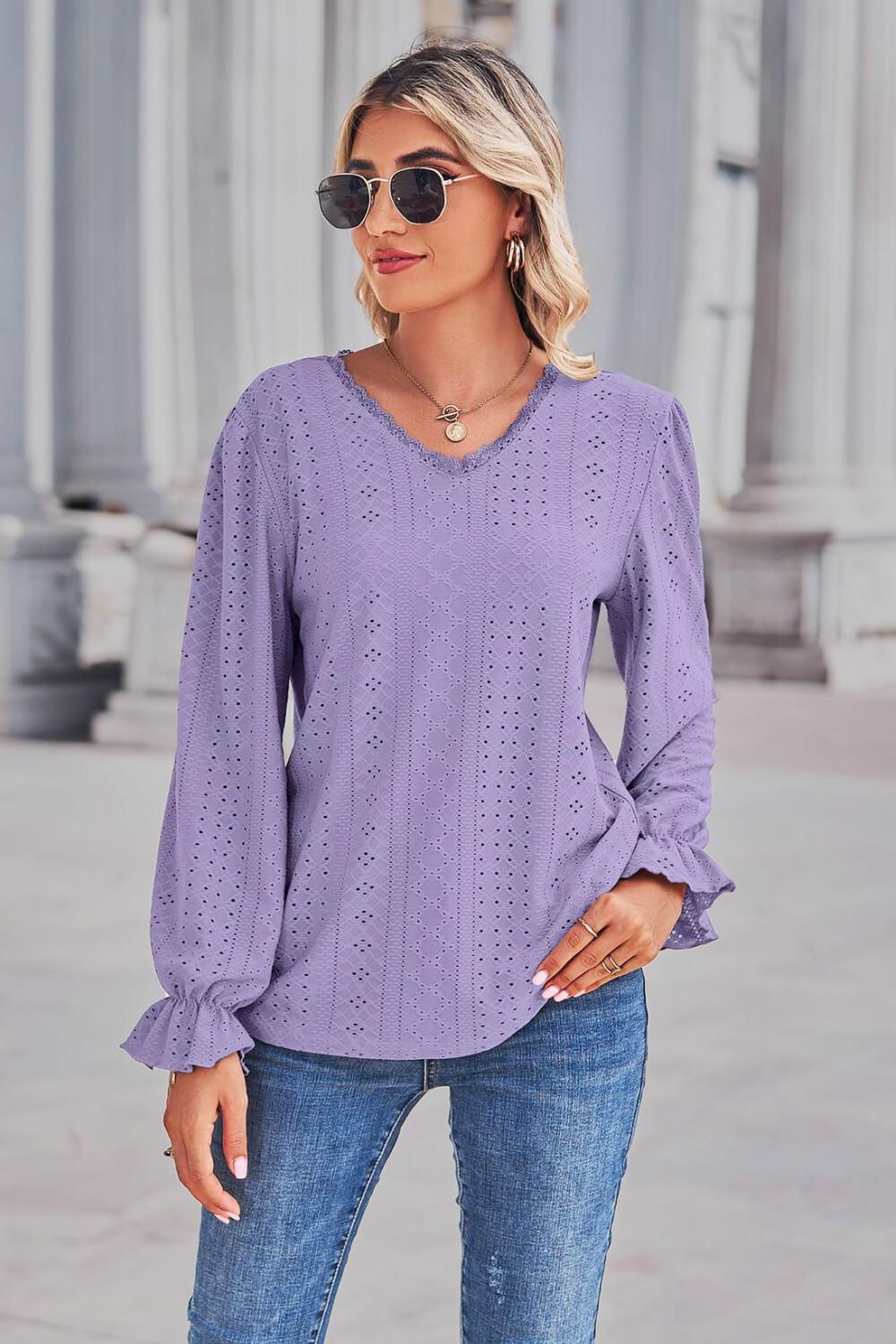 Lace Trim V-Neck Flounce Sleeve Top - Flyclothing LLC