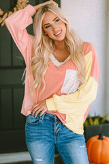 Color Block V-Neck Dropped Shoulder Sweatshirt with Pocket - Flyclothing LLC