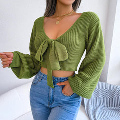 Tie-Front Rib-Knit Cropped Sweater - Flyclothing LLC